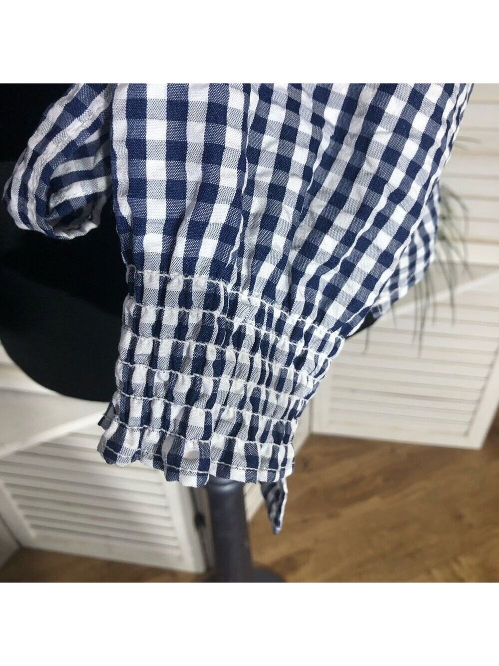 Gingham blouse off-shoulder tie waist coastal country cottage western festival M - Picture 8 of 9